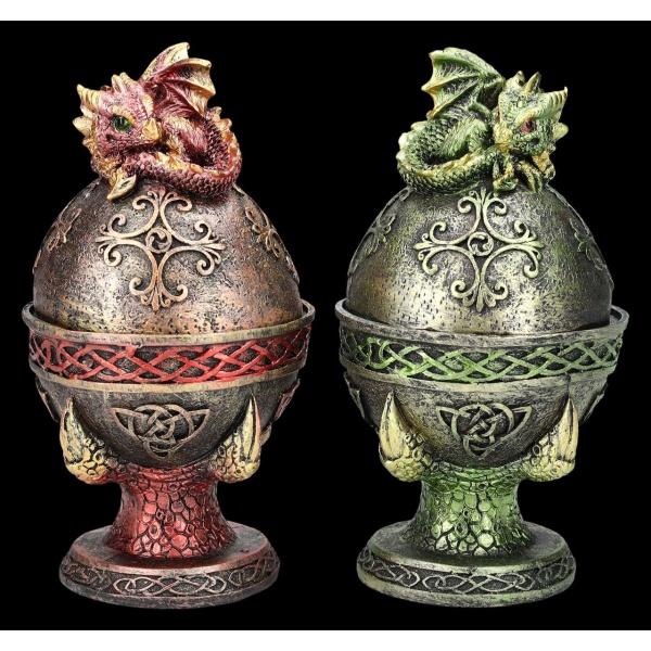 Coffret de 2 boîtes d’œuf avec dragon couché de couleur rouge et vert